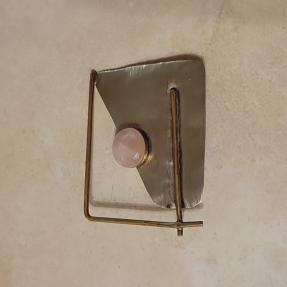 Vintage Modernist Metal & Rose Quartz Signed Brooch Pin